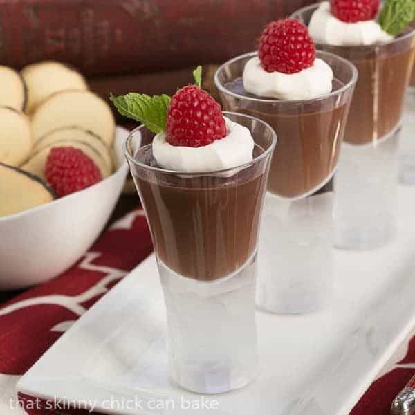 Rich Double Chocolate Pudding in shot glasses on a white tray