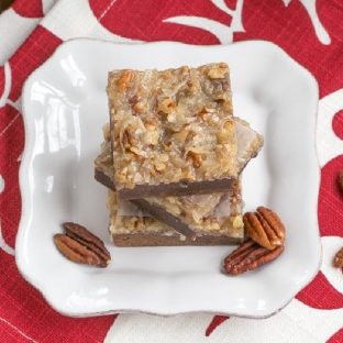 German Chocolate Brownies - Fudgy brownies topped with a caramelly, coconut, pecan topping