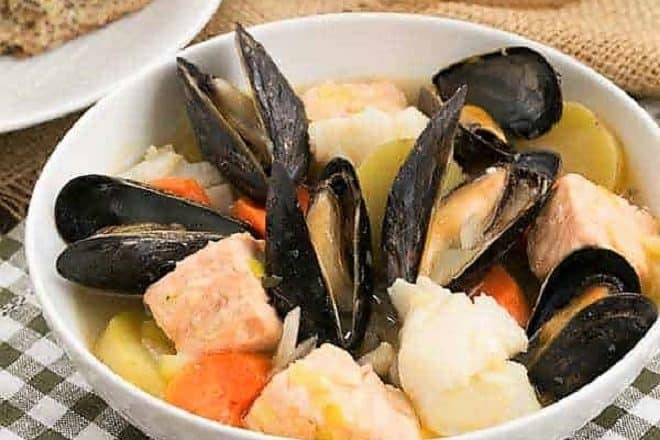 Simplest Breton Fish Stew in a white soup bowl