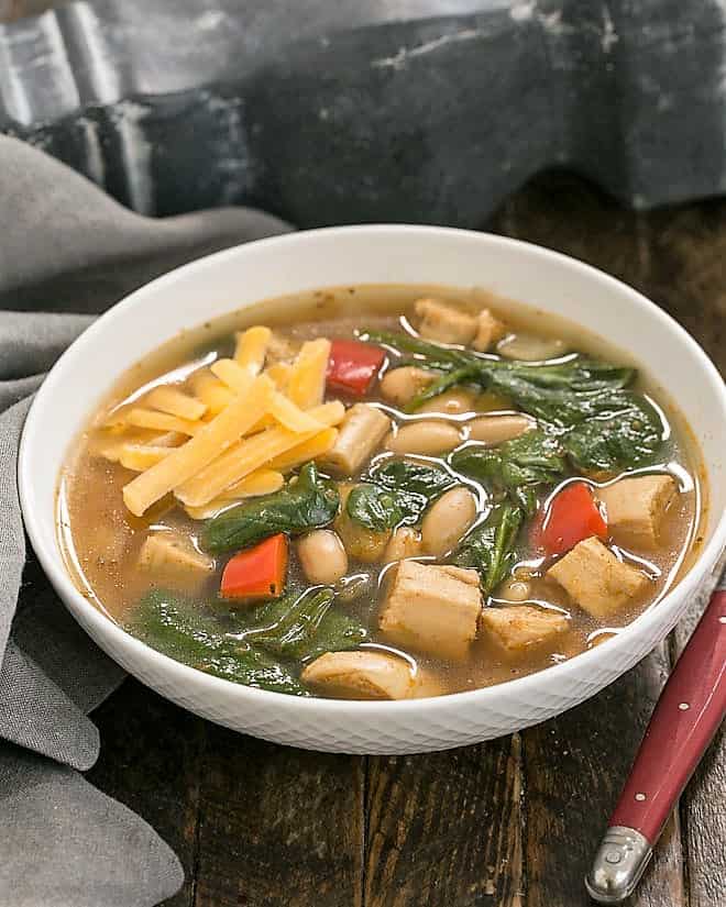 White Chicken Chili in a white basketweave bowl.