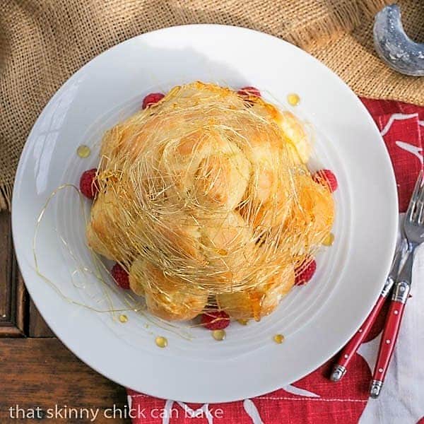 Lemon Cream Croquembouche viewed from above.