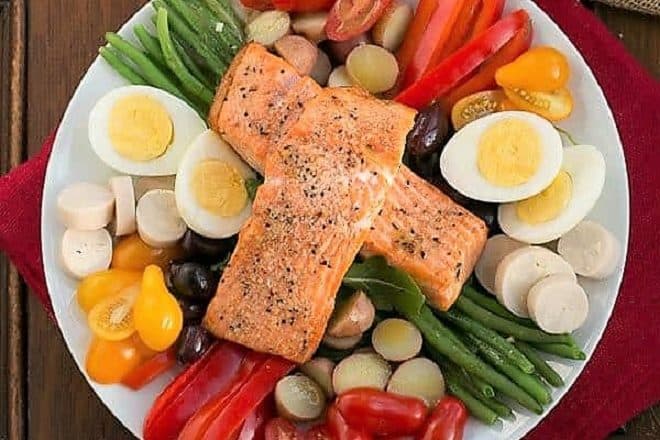Overhead view of Salmon Salad Niçoise on a white plate