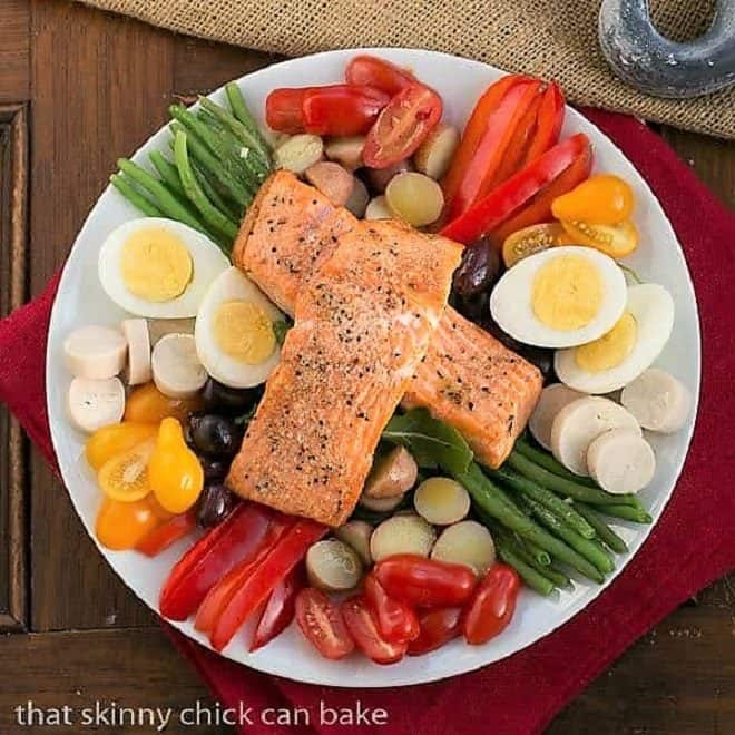 Overhead view of Salmon Salad Niçoise on a white plate