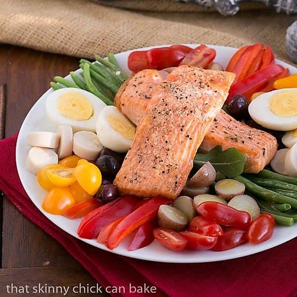 Salmon Salad Nicoise on a white serving plate