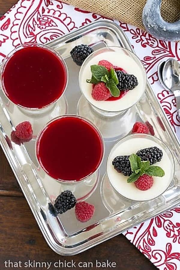 Overhead view of Vanilla Bean Panna Cotta on a silver tray.