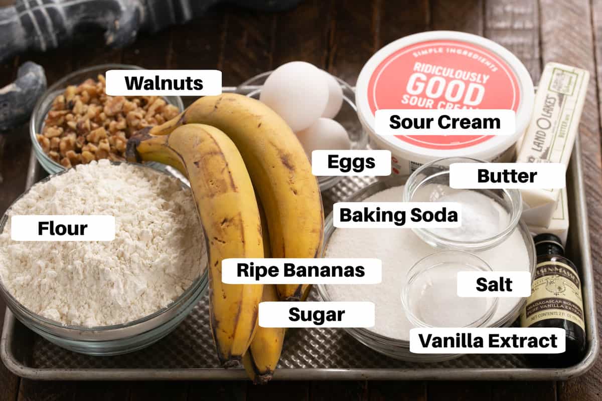 Banana Bread Ingredients on a metal sheet pan with labels.