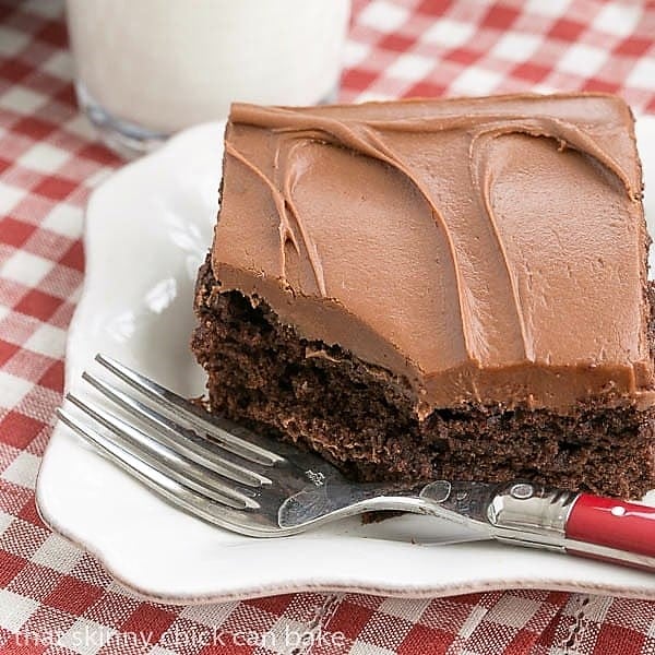 Cocoa Fudge Cake  on a white plate with a red handled fork.