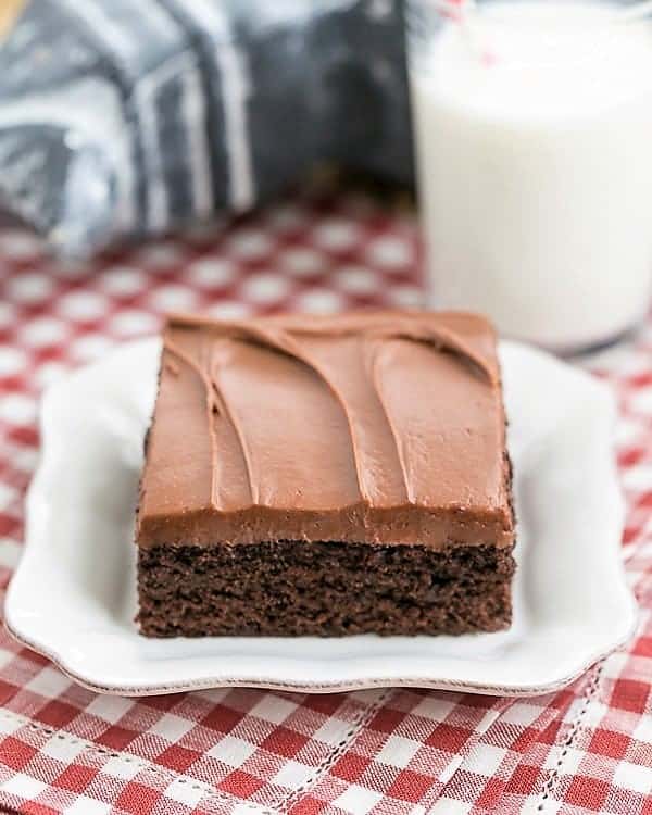 Cocoa Fudge Cake on a square white plate with a glass of milk.