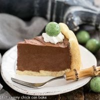 Irish Mousse Cake slice on a round white cake plate