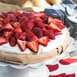 Strawberry topped chocolate pavlova featured image