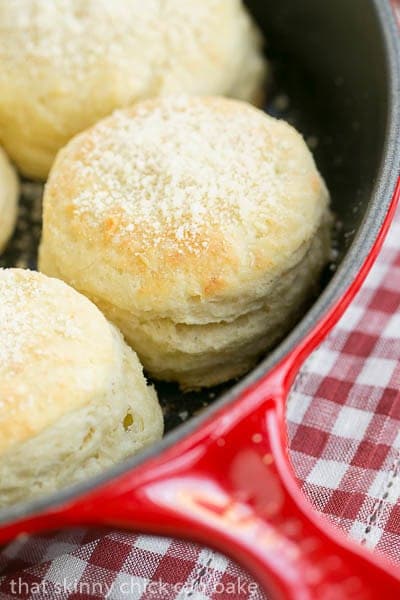 Buttermilk Goat Cheese Biscuits in a red skillet.