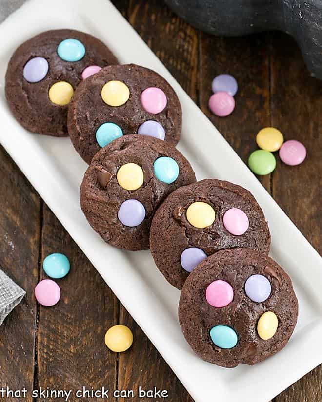 Easter Candy Brownie Cookies on a white tray with M&Ms