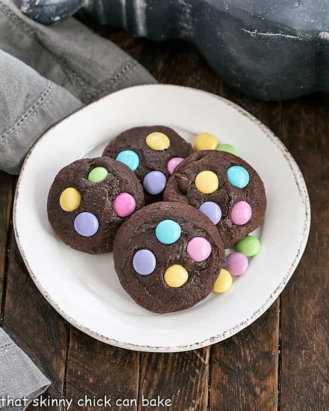 Overhead view of Chocolate Cookies with Easter M&Ms