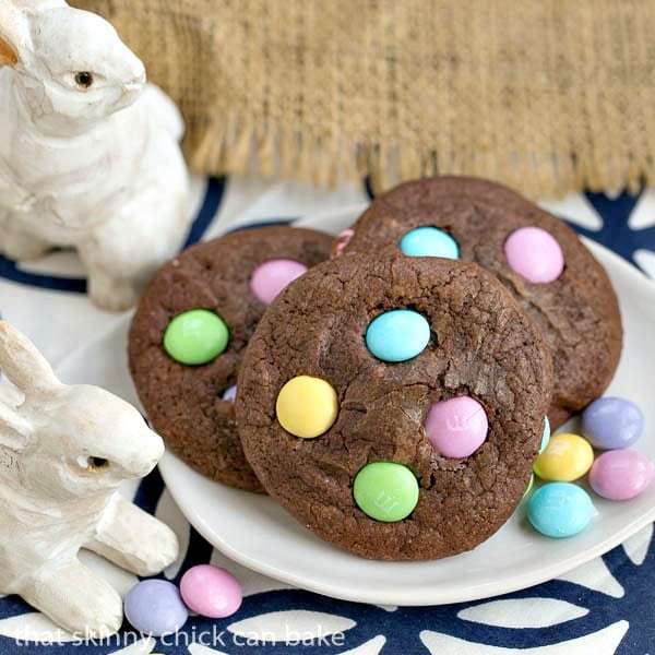 Easter Candy Brownie Cookies on a white tray with M&Ms.