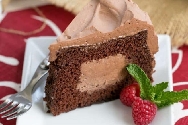 Tunnel of Mousse Cake | A fine crumb chocolate cake filled and frosting with a dreamy chocolate mousse!