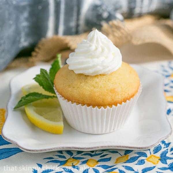 Limoncello Cupcake with Limoncello Buttercream on a square white plate.