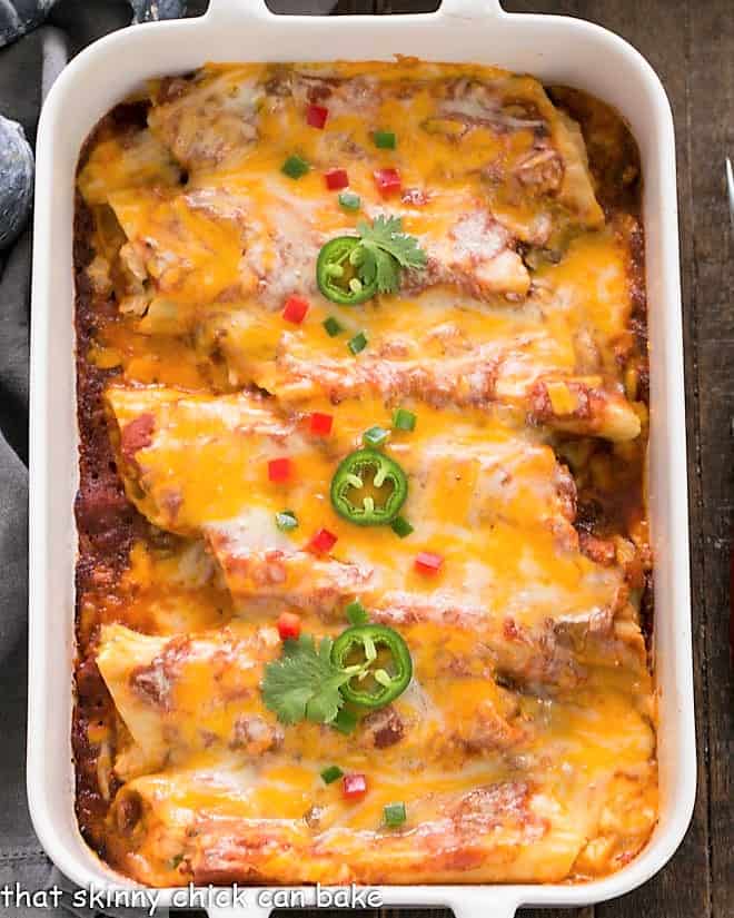 Overhead view of a casserole filled with Mexican chicken manicotti.