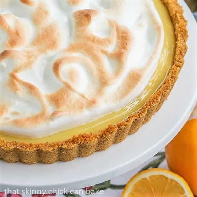 Close view of Meyer Lemon Tart with Meringue Topping on a cake stand