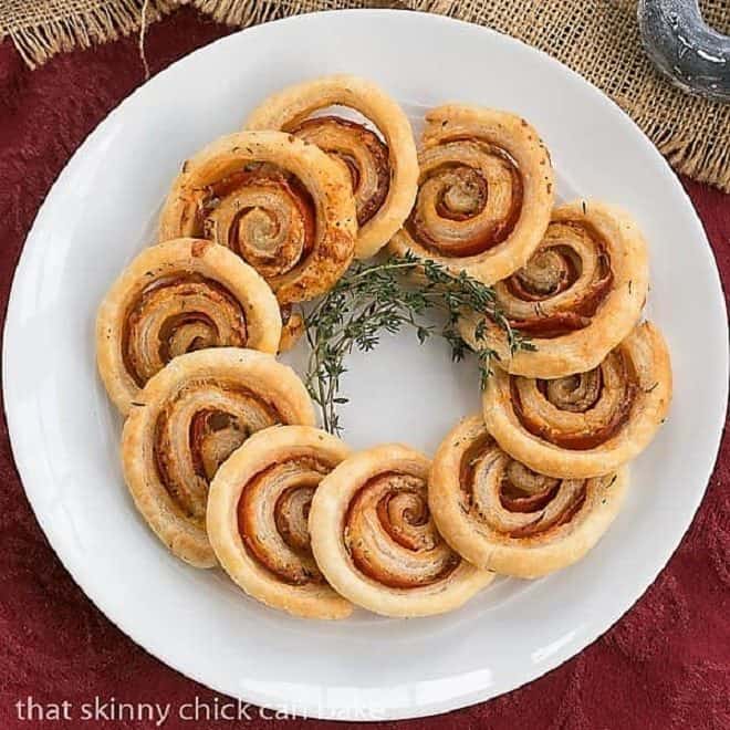 Honey Mustard Pepperoni Pinwheels overhead view on a round, white platter