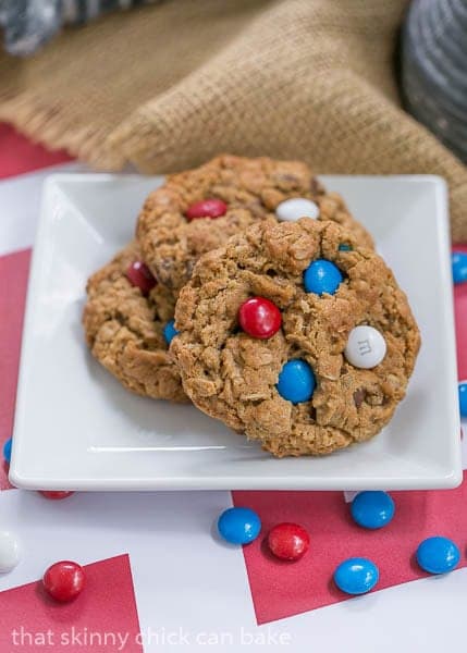 Patriotic Monster Cookies on a white square plate