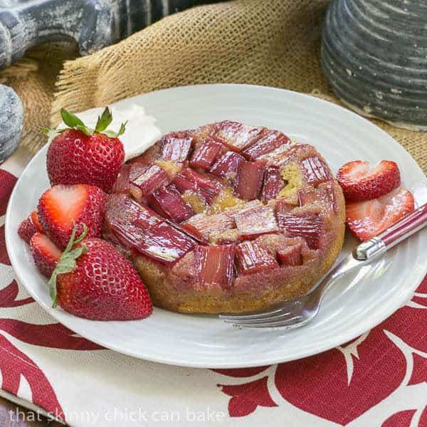 Rhubarb Upside Down Brown Sugar Cake - glistening rhubarb atop a tender cake