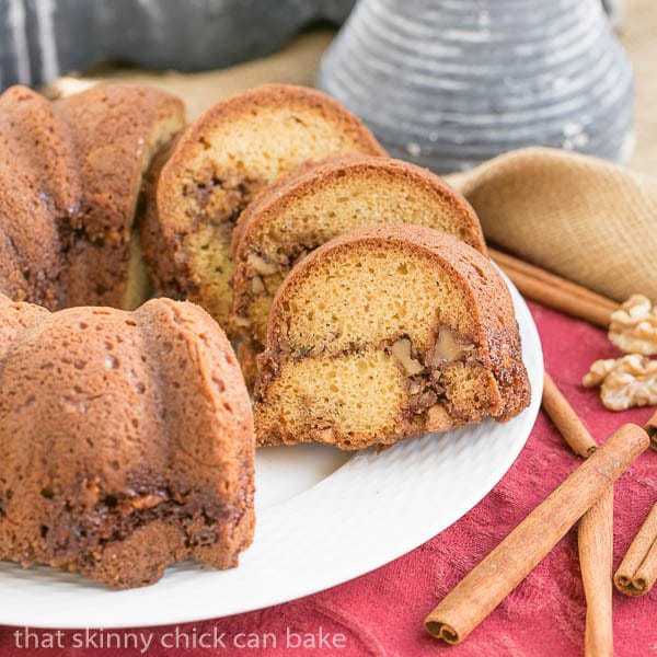 Sour Cream Streusel Coffee Cake sliced on a serving plate