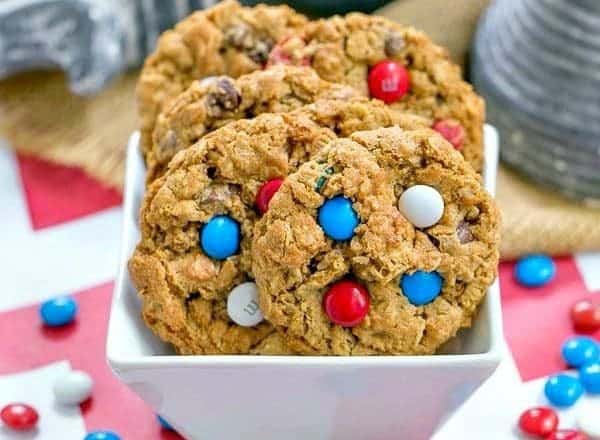 Patriotic Monster Cookies - Peanut butter oatmeal cookies chock-full of M&M's and chocolate chips