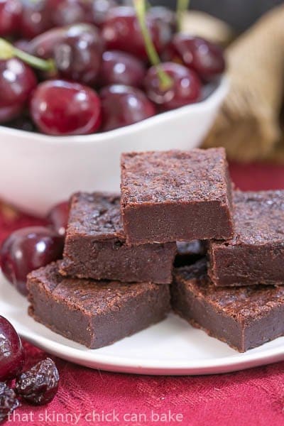 Cherry Chocolate Brownies - Super dense, fudgy and full of wine infused dried cherries