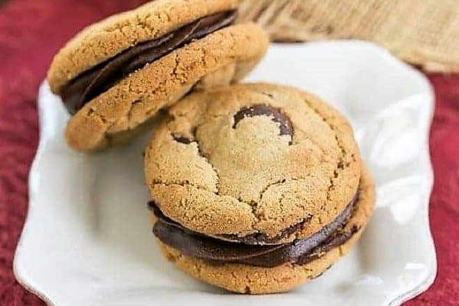 Chocolate Chip Sandwich Cookies on a white ceramic plate