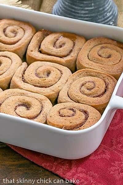 Cinnamon Sticky Buns in a white ceramic baking dish