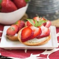 Strawberry Basil Crostini on a small white dessert plate