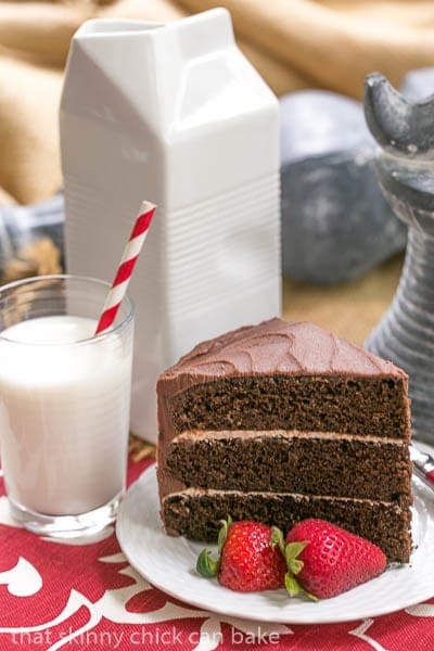 A slice of Triple Layer Chocolate Cake with Vanilla Buttercream on a white plate next to a glass of milk