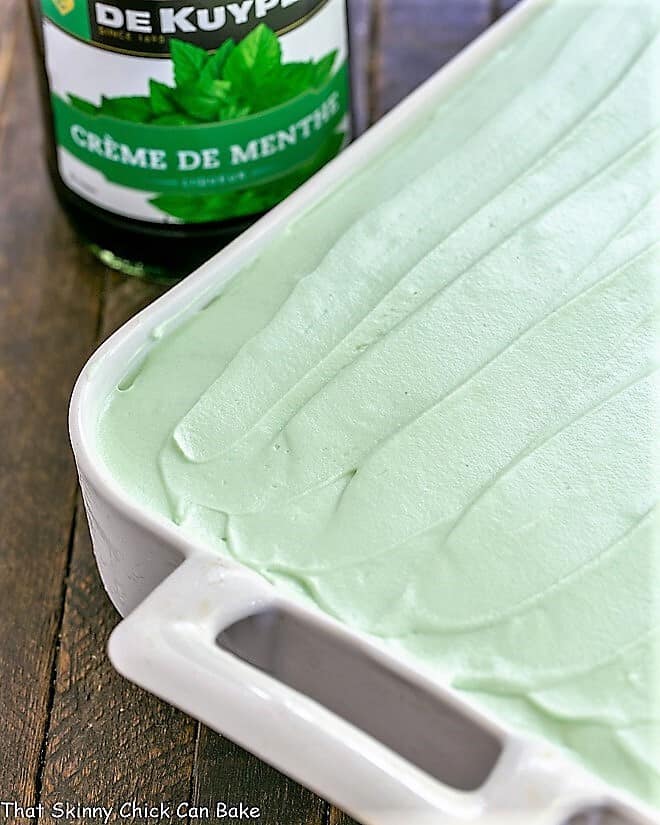 Creme de Menthe Cake in a white baking dish