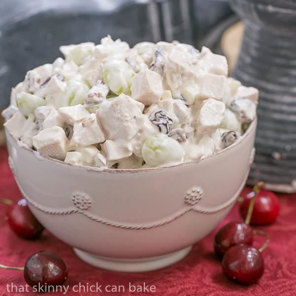 A bowl of Chicken Salad on a red napkin.