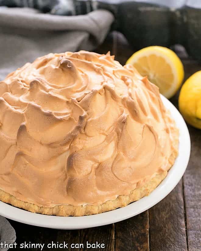 Overhead view of the meringue topping on a mile high lemon meringue pie