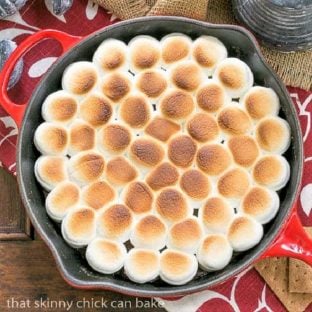 Overhead view of S'mores Dip in a red skillet
