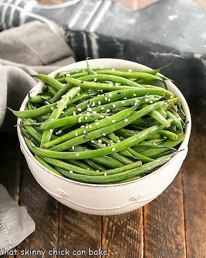 Asian Green Beans overhead view in a white ceramic bowl.