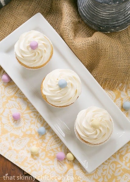 Overhead view of Buttercream Topped Vanilla Cupcakes.