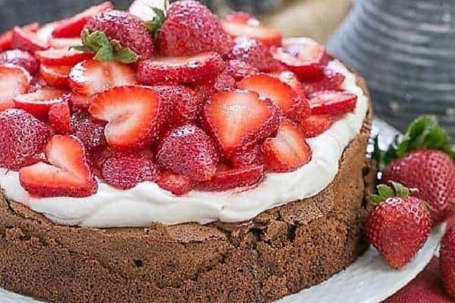 Chocolate Souffle Cake on a white cake plate