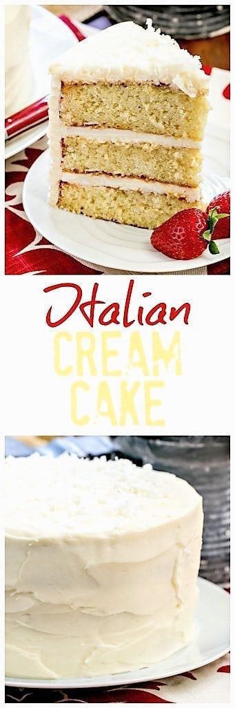 Nut-free Italian Cream Cake - Three tender layers of coconut deliciousness with fluffy cream cheese icing #cake #dessert #Italian #coconut #layercake Italian Cream Cake pin