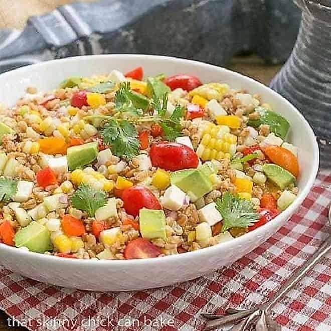 Summer Farro salad in a white serving bowl
