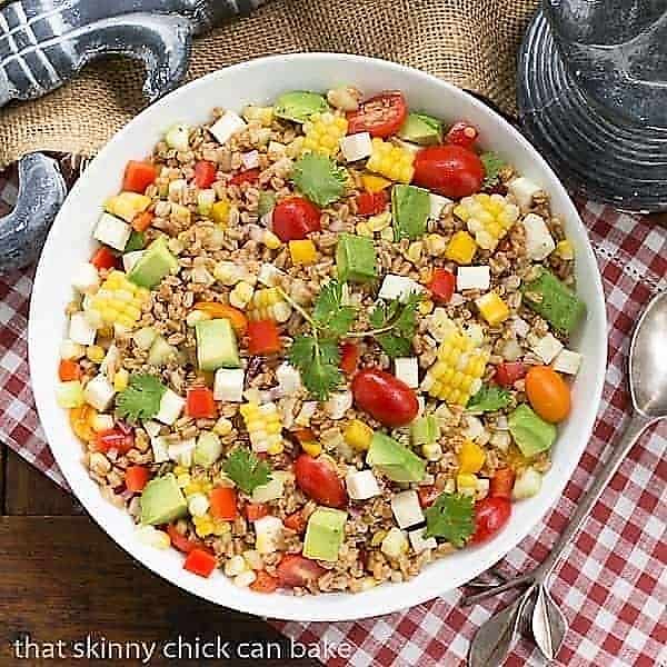 Summer Farro Salad in a white serving bowl from above