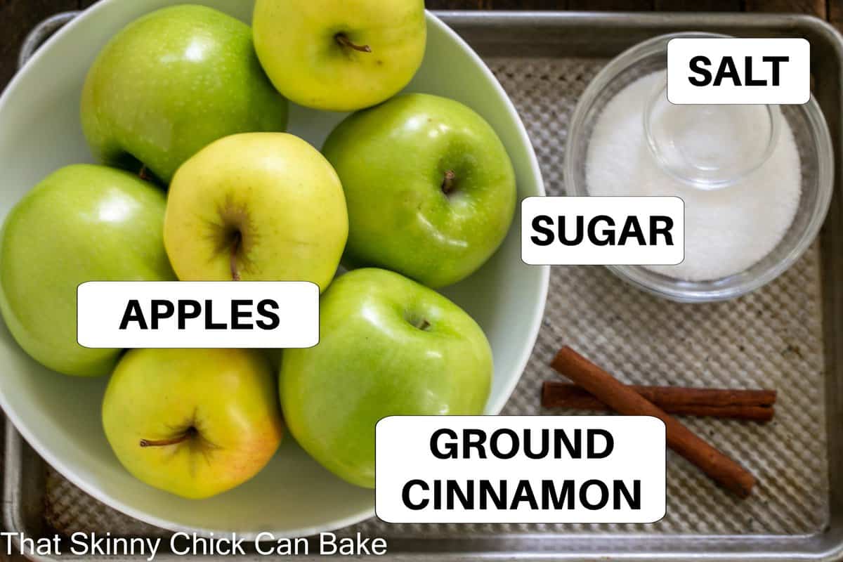 Labeled applesauce ingredients on a sheetpan.