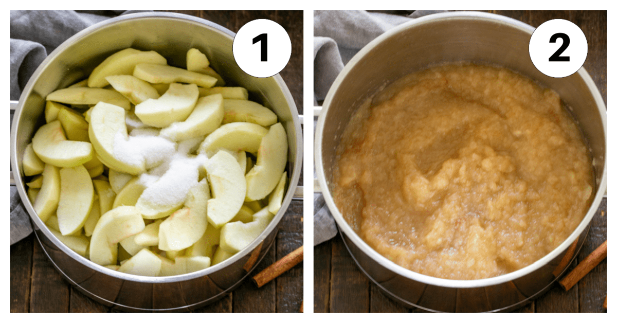 2 numbered photos showing how to make applesauce.