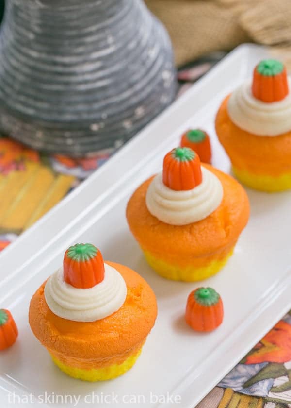 Candy Corn Cupcakes on a white rectangular tray