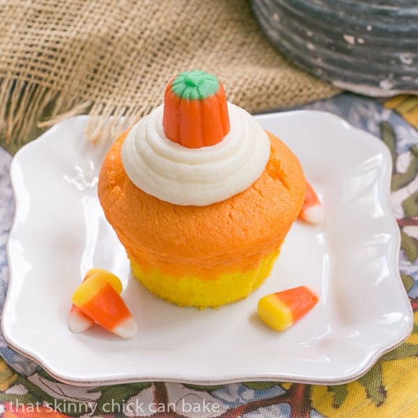 Candy Corn Cupcakes for Halloween on a square white plate