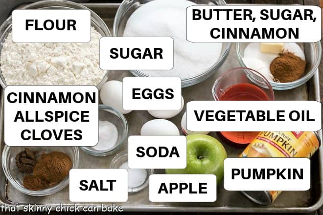 Pumpkin Bread with Apples labeled ingredients on a sheet pan.