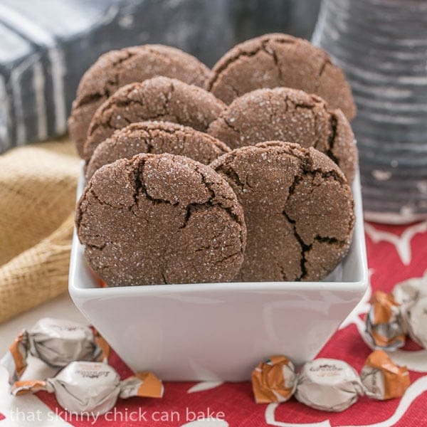 Caramel Filled Chocolate Cookies in a square white bowl.