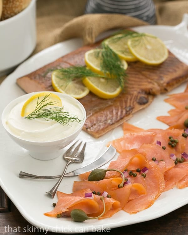 Smoked Salmon Platter with two kinds of salmon, dill, capers and slice lemons.