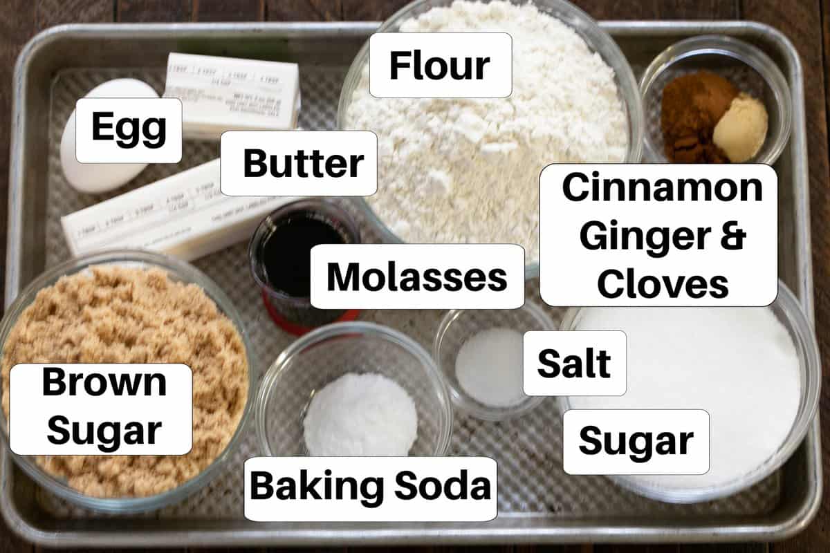 Gingersnaps ingredients labeled on a metal baking sheet.